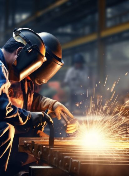 Workers are welding metal at an industrial factory.